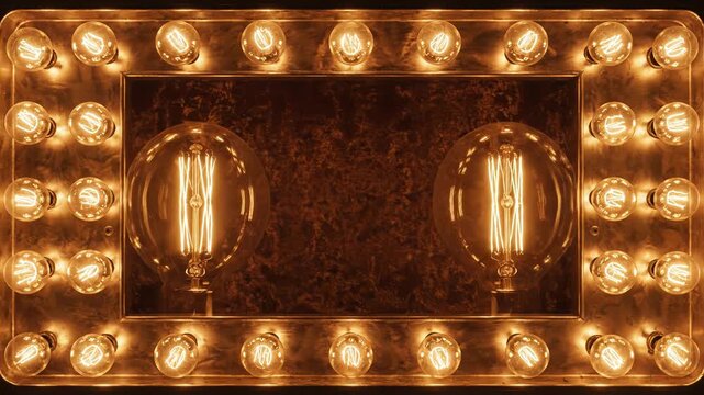 A large rectangular mirror with many light bulbs around it on a dark background
