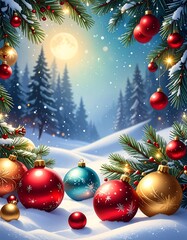 Snowy winter scene with ornaments, moon, and trees