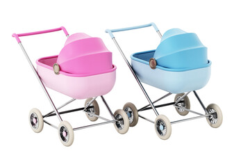 Pink and blue retro baby stroller on transparent background. 3D illustration