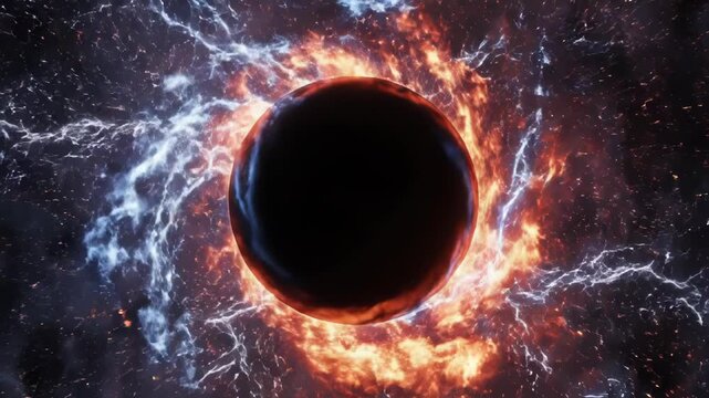 A black hole in space with orange and blue colors around it
