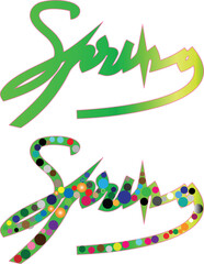 Stylized Graphic Text Design Featuring Two Variations Of The Word Spring Presented In Vibrant Green Gradient And Multi-colored Circle Fill Styles