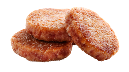 Three cooked breakfast sausage patties stacked on transparent background for food illustrations