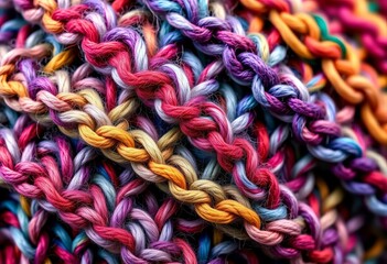 Close-up of a chunky knit wool beanie cap, various colors visible,  natural fiber,  texture
