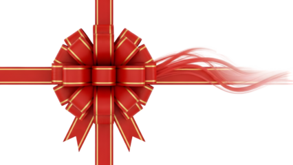 Red gift ribbon bow with flowing tail isolated on transparent background for presents and gifts