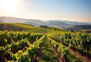 Sun-drenched rows of grapevines stretching to distant hills,  serene,  grape leaves