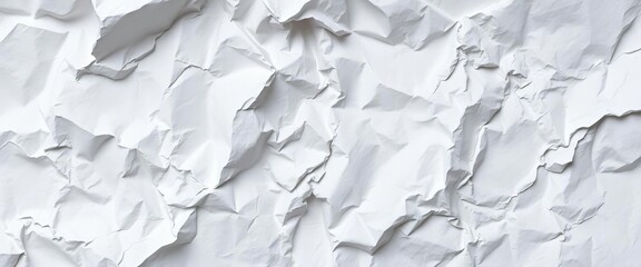 Close-up of crumpled white paper texture, showing deep creases and folds, white paper, background texture