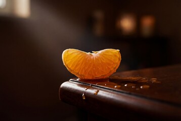 Backlit orange segment resting on edge of polished dark wood table with sweet juice drops