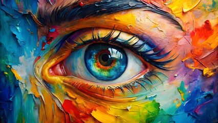 Vibrant abstract oil painting of a human eye with colorful makeup