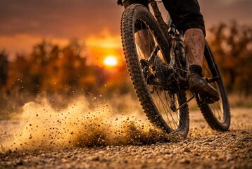 Obraz premium Mountain bike rear wheel kicking up dust and gravel on trail during dramatic golden sunset ride