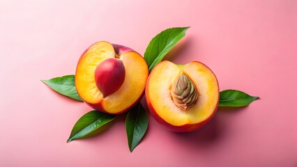 Halved ripe peach with pit and fresh green leaves