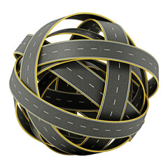 Tangled roads forming a sphere on transparent background. 3D illustration