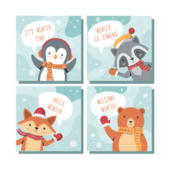 Charming winter animal illustrations penguin raccoon fox and bear with seasonal greetings © Creative Pixy