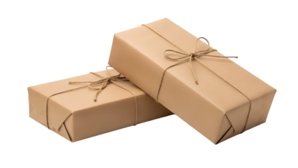 Two brown paper wrapped gifts with string on a transparent background for presents