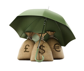 Three sacks with dollar, euro and pound symbols under an umbrella  on transparent background. 3D illustration