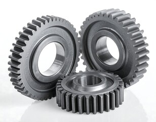Three metal gears are close together on a white surface, with a shallow depth of field, implying an industrial or mechanical theme