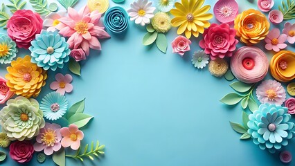 Colorful handmade paper flowers frame a light blue background