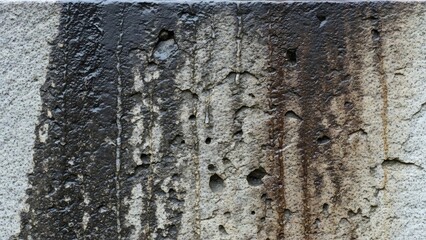 Close-up of weathered concrete wall with dark stains and textures, showing age and decay.