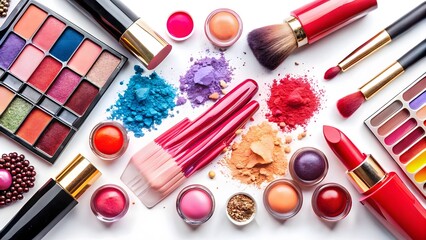 Colorful makeup palette, brushes, and lipsticks on white background