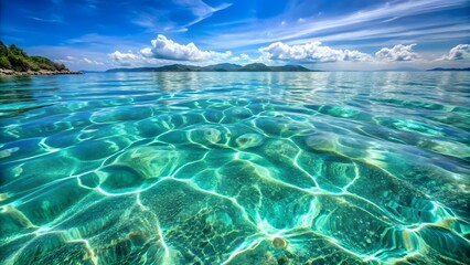 Crystal clear turquoise water with ripples and distant mountains