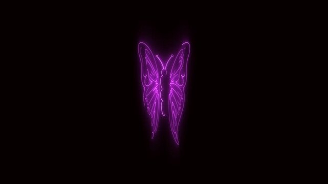 purple neon light effect butterfly symbol on black background