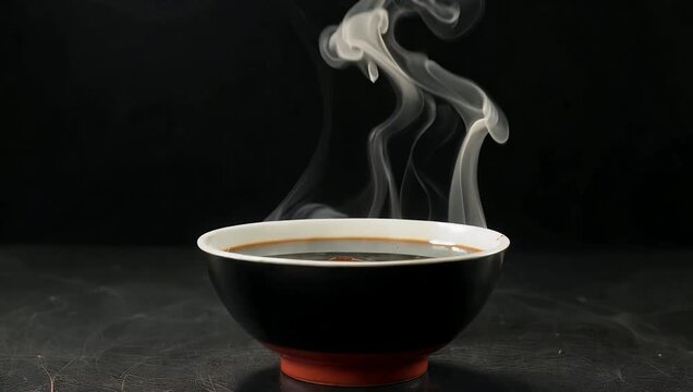 Atmospheric 4K close up of steam vapor rising gracefully from bowl of miso soup captured against dark background to emphasize warmth comfort food culinary 