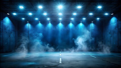 Dark industrial space with blue spotlights and smoke
