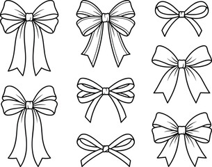 Hand drawn ribbon bow collection with decorative gift bows black and white outline vector illustration set isolated clipart design elements