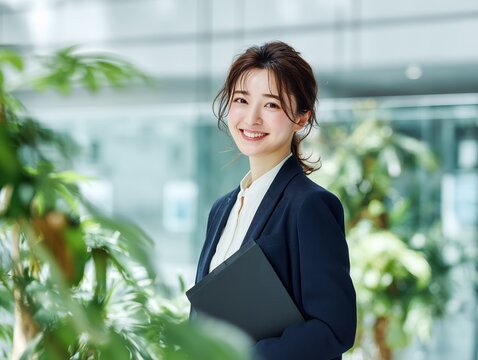 オフィスで書類を抱え自然な笑顔を見せる働く女性社員の信頼感あるビジネスシーン