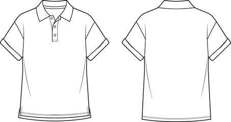 Men polo shirt technical fashion illustration, front and back view, short sleeve collared design, minimal flat apparel sketch, vector outline