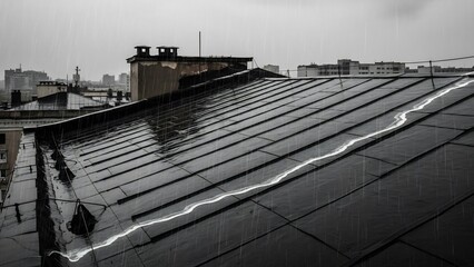 Naklejka premium Dark and Wet Rooftop in the City with Buildings and Cloudy Sky.