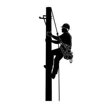 A lineworker skillfully climbs a utility pole while securely harnessed demonstrating expertise and safety procedures silhouette