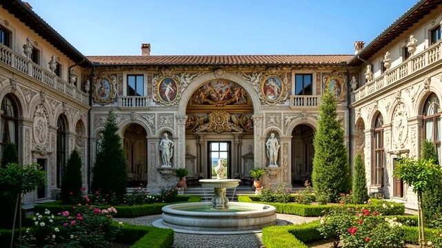Elegant courtyard with fountain and lush greenery