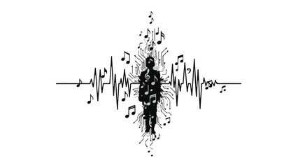 Naklejka premium Silhouette of a person engulfed by a dynamic sound wave and musical notes, symbolizing the power of music