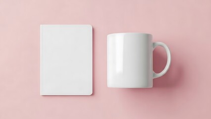 Blank White Coffee Mug and Notebook Branding Mockup Scene, Clean Minimalist Design on Solid Color Background