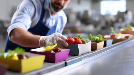 Quality Control Inspection of Packaged Meals in Commercial Kitchen under Harsh Daylight - Overhead Tilt-shift Flat Lay View