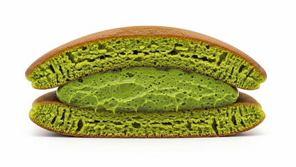Symmetrical cross section of matcha dorayaki pancake with thick green tea cream filling isolated on white background