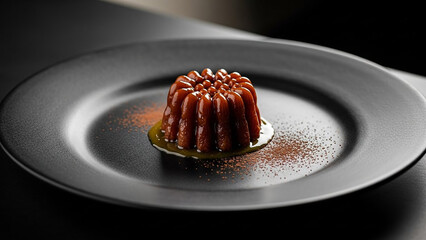 Elegant fluted dark caramel dessert on a black plate with a drizzle of green sauce and cocoa powder