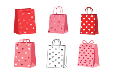 Set of pink and red valentine shopping bags with heart patterns for retail and gifts