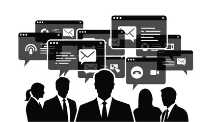 Diverse team collaborating on digital communication and networking in a modern office environment.