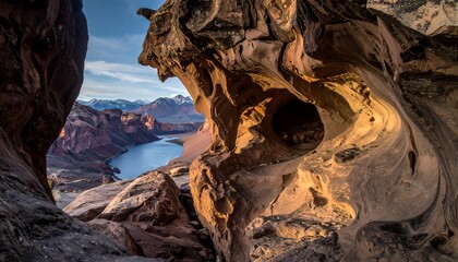 Scenic vista of a carved sandstone canyon and lake