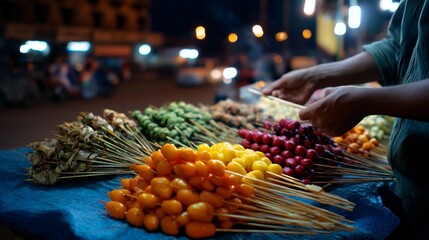 Vibrant Street Vendor Grilling Skewers in Morning Light at Night Market - Low-Angle Shot Filling the Frame