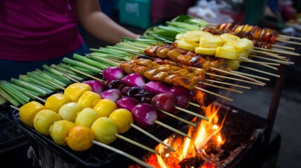 Vibrant Night Market Scene: Street Vendor Grilling Skewers in Morning Light - Low-Angle Shot with Frame Filled by Ingredients and Action