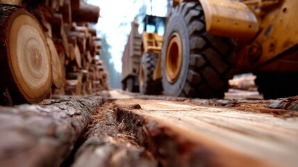 Heavy Machinery Loading Cut Logs onto Transport Truck - Close-Up Shot of Logging Operations with Leading Lines