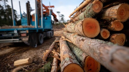 Precision Loading of Cut Logs onto Transport Truck in Logging Area - Close-Up Shot with Leading Lines