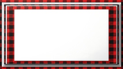 A white rectangular frame surrounded by a red and black plaid border