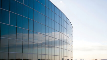 Modern glass building reflecting clouds and sky at sunrise or sunset with sleek architecture and urban landscape