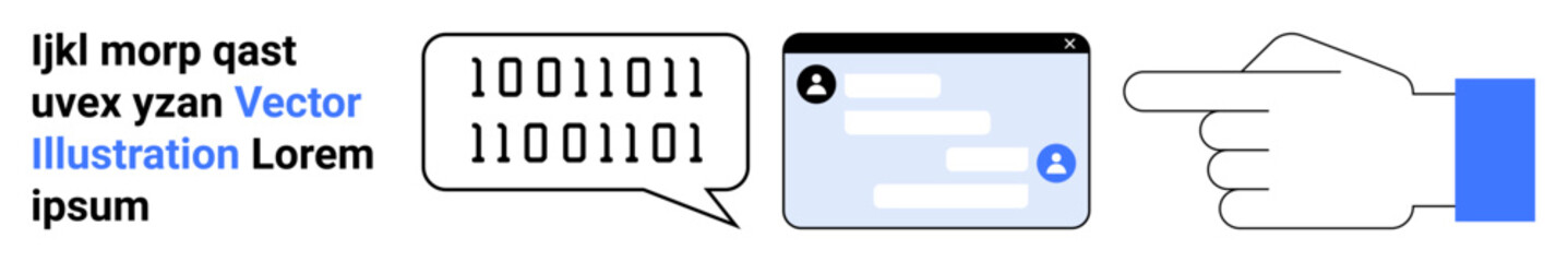 Fototapeta premium Digital communication, coding, online interaction, software development, user interface, technology. Binary code in speech bubble, messaging interface and pointing hand. Digital communication