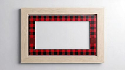 A wooden picture frame with red and black plaid border on a white background