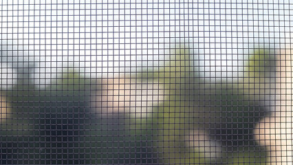 View of trees and sky through a wire mesh screen