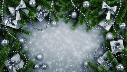 Christmas decoration with silver gifts and ornaments on snowy background